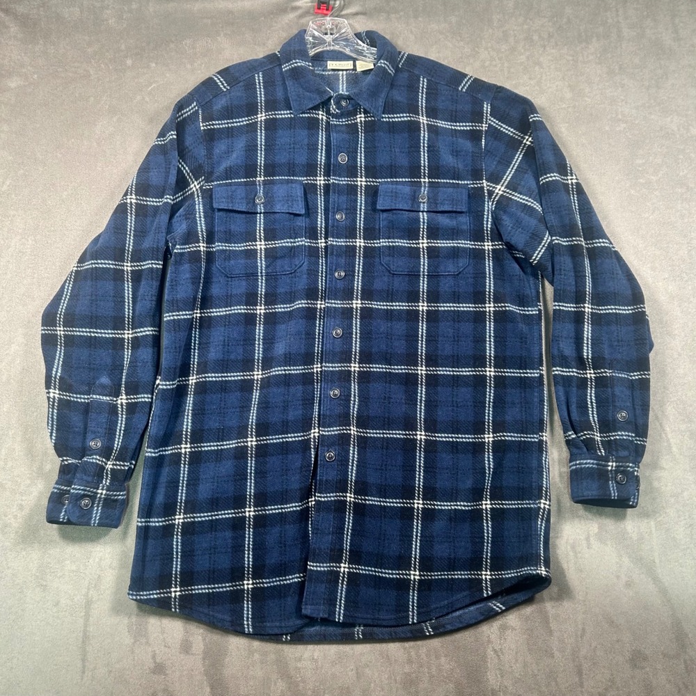 LL Bean Mens Fleece Plaid Button Down Shirt Blue Black M Tall Shacket